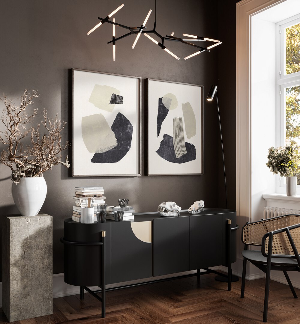Elevate your space with the MONOCHROME SHAPES SET, SET OF 2 PAINTINGS featuring elegant geometric patterns.