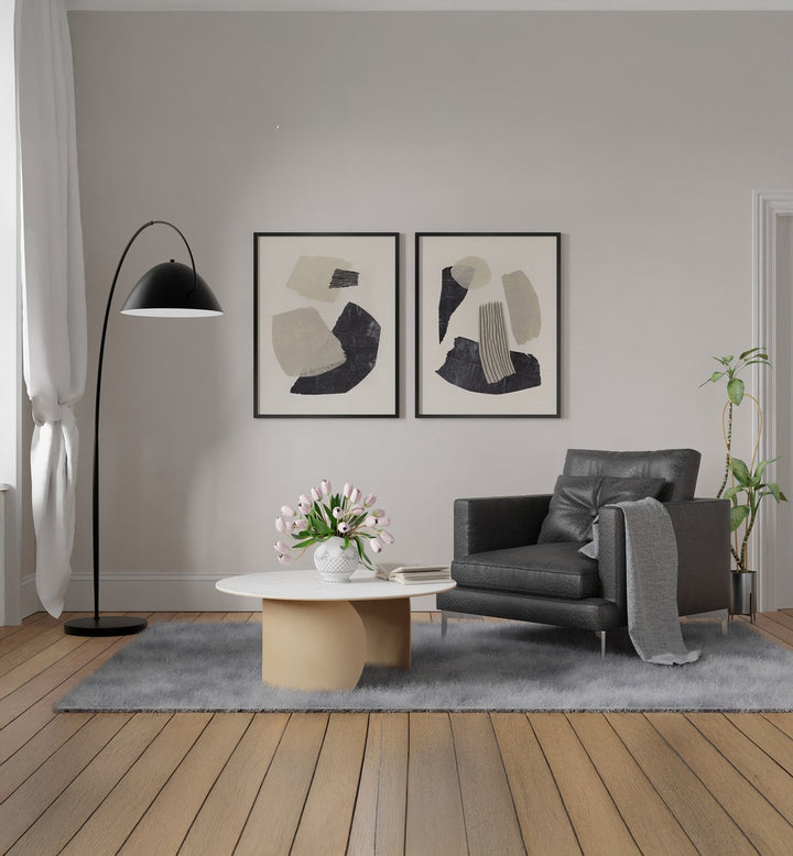 MONOCHROME SHAPES SET , SET OF 2 PAINTINGS