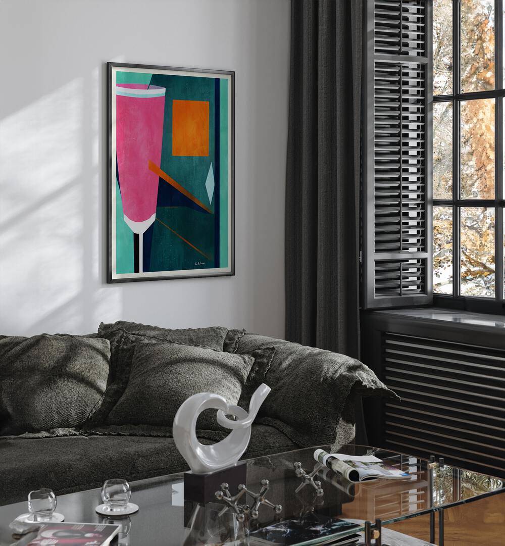 Vibrant MON PETITE CREMENT ROSEITU, BAR & CAFE ART enhances a cozy living space with contemporary style.