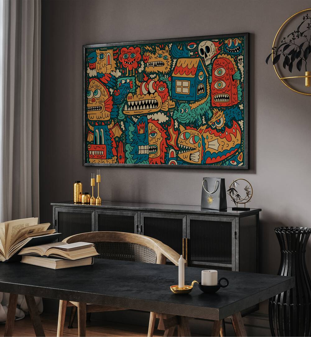 Monster Festival Comic Art Artwork in Black Plain Frame Placed on a Dark Grey Wall Above a Black Console Table in a Study Room or Workspace