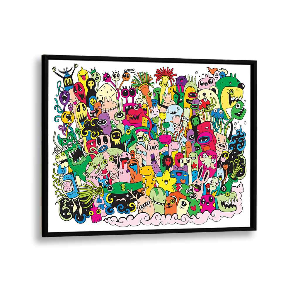 Monster Fun Doodle Art Artwork in Black Plain Frame