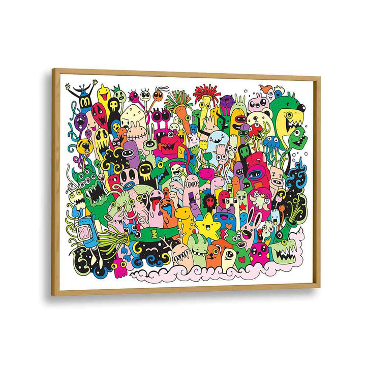 Monster Fun Doodle Art Artwork in Oak Wood Plain Frame