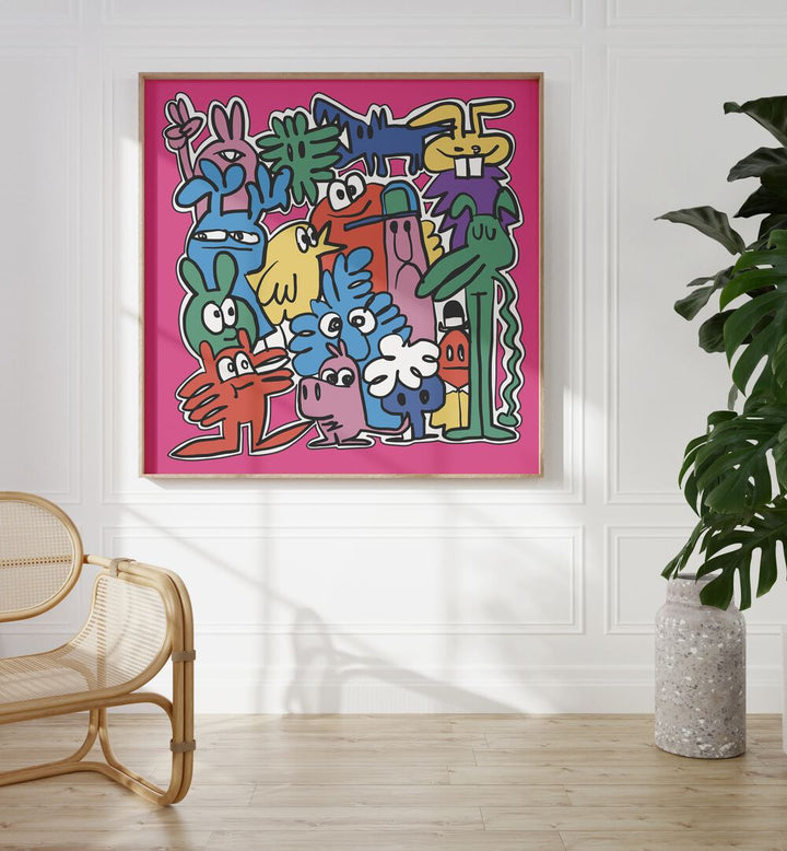 Monster Group Doodle Comic Art Artwork in Oak Wood Plain Frame Placed on a White Wall in the Drawing Room