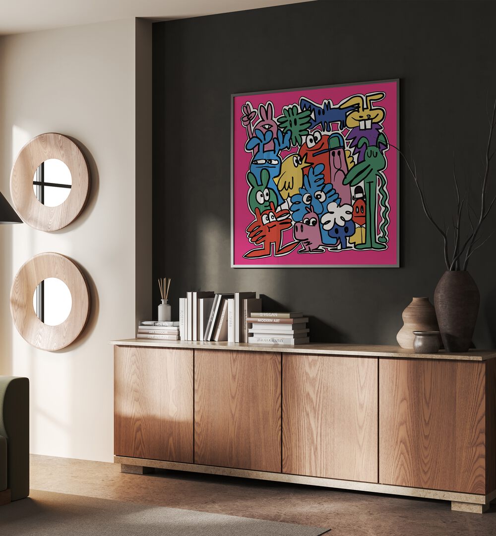 Monster Group Doodle Comic Art Artwork in Black Plain Frame Placed on a Dark Grey Wall Above A Wooden Console Table in the Living Room