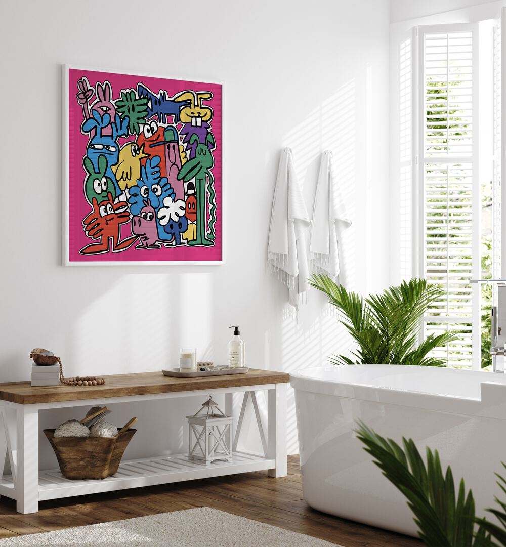 Monster Group Doodle Comic Art Artwork in White Plain Frame Placed on a White Wall near A white Bathtub inside a Bathroom