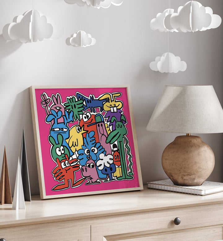 Monster Group Doodle Comic Art Artwork in Oak Wood Plain Frame Placed on a Wooden Console Table 