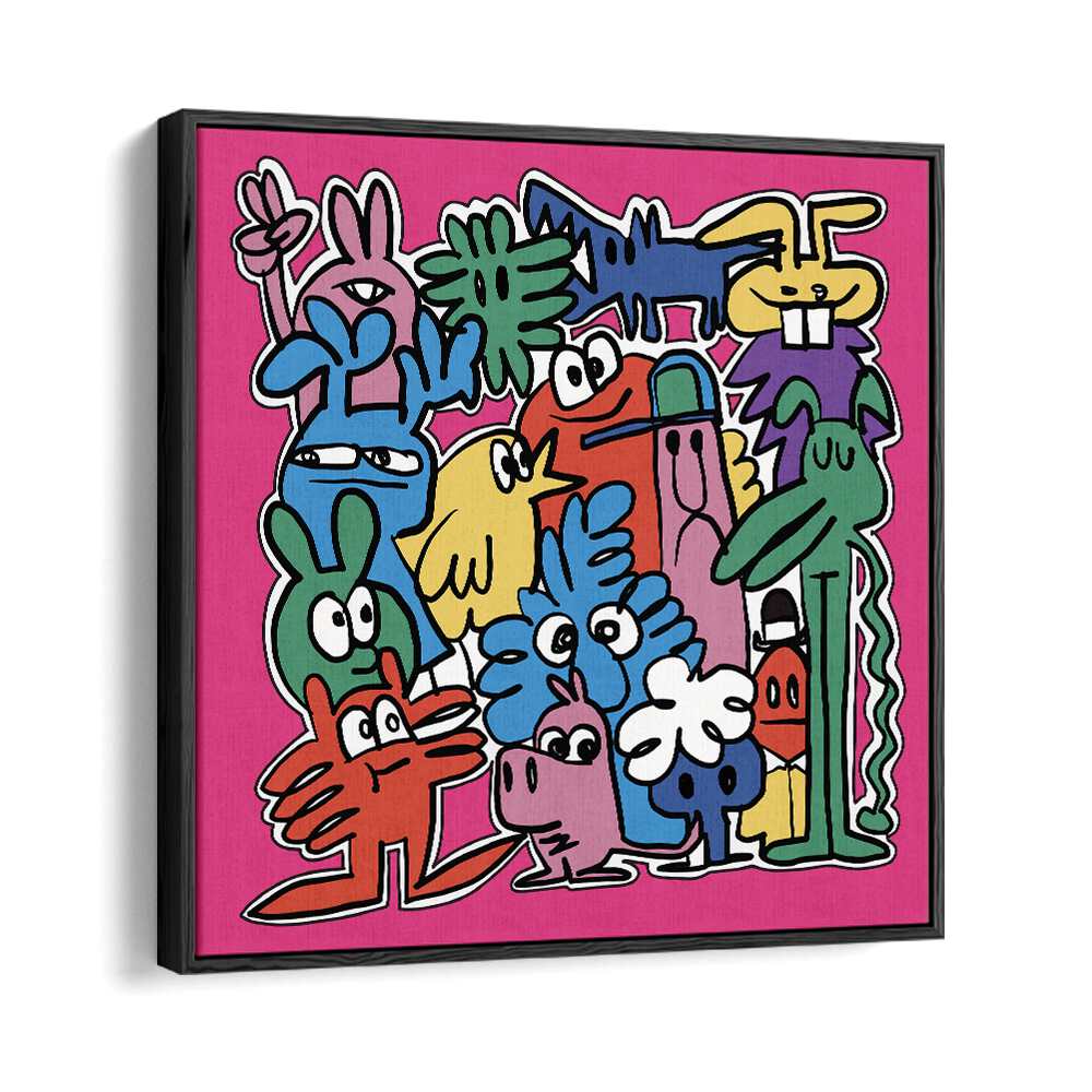 Monster Group Doodle Comic Art Artwork in Black Floater Frame