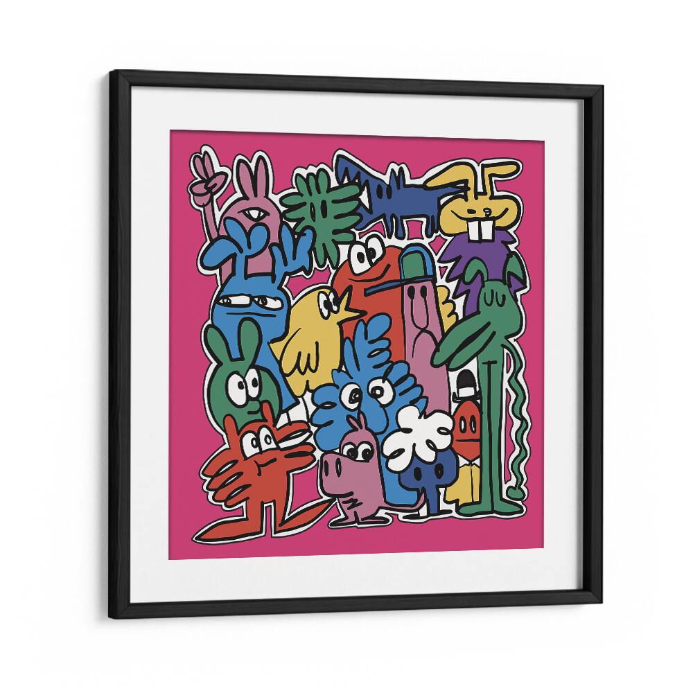 Monster Group Doodle Comic Art Artwork in Black Frame With Mount