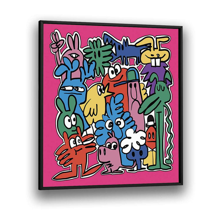 Monster Group Doodle Comic Art Artwork in Black Plain Frame