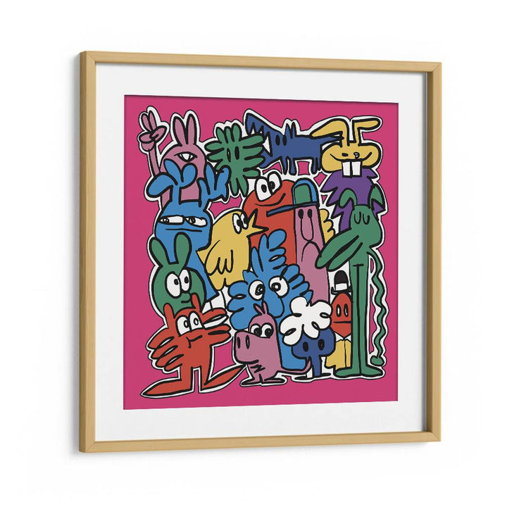 Monster Group Doodle Comic Art Artwork in Oak Wood Frame With Mount