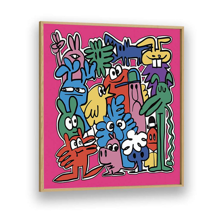 Monster Group Doodle Comic Art Artwork in Oak Wood Plain Frame