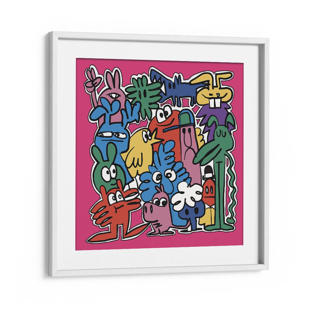 Monster Group Doodle Comic Art Artwork in White Frame With Mount