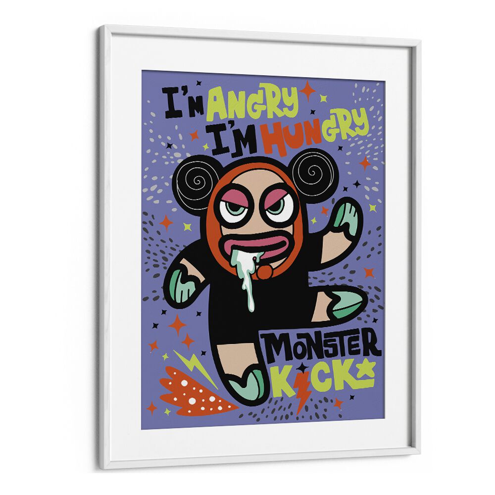 Monster Kick Comic Art Artwork in White Frame With Mount