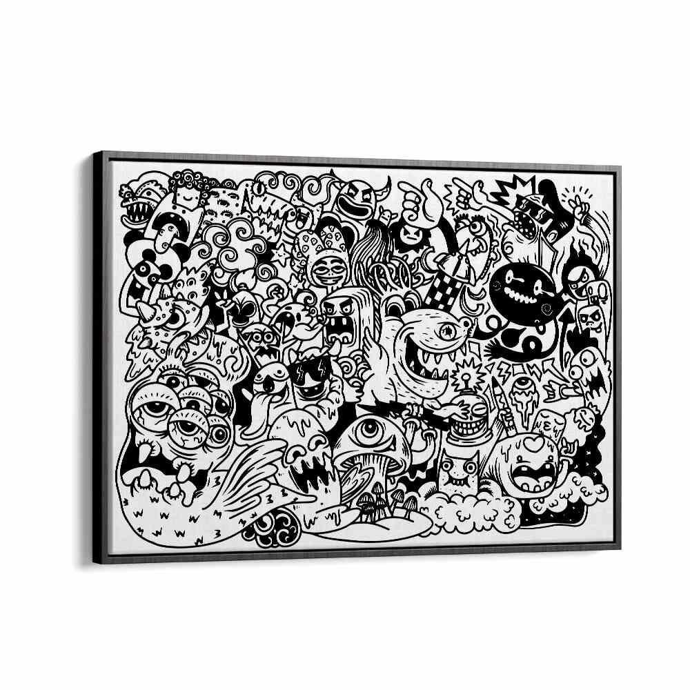 Monster Mayhem Doodle Art Artwork in Black Floater Frame