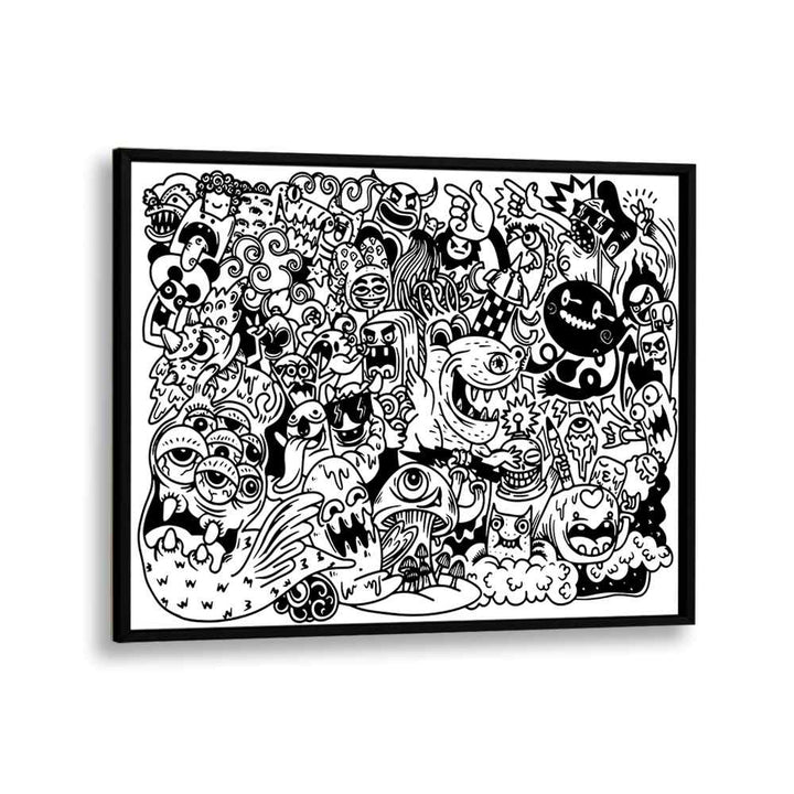 Monster Mayhem Doodle Art Artwork in Black Plain Frame