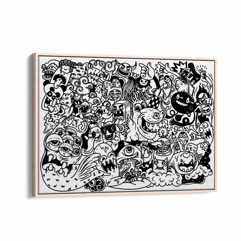 Monster Mayhem Doodle Art Artwork in Oak Wood Floater Frame