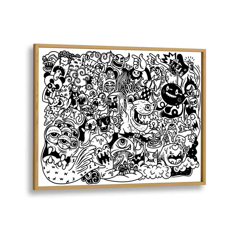 Monster Mayhem Doodle Art Artwork in Oak Wood Plain Frame