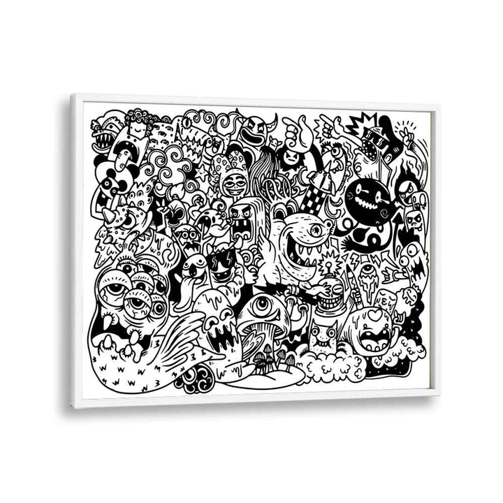 Monster Mayhem Doodle Art Artwork in White Plain Frame