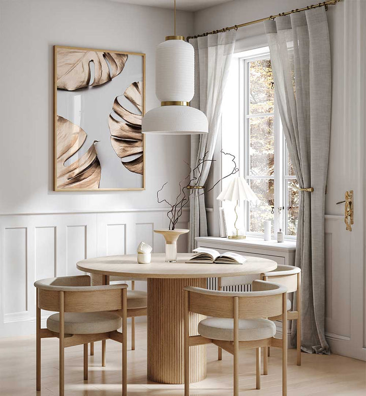 Stylish interior featuring MONSTERA GOLD I, FASHION POSTERS to elevate your space with chic abstract art.