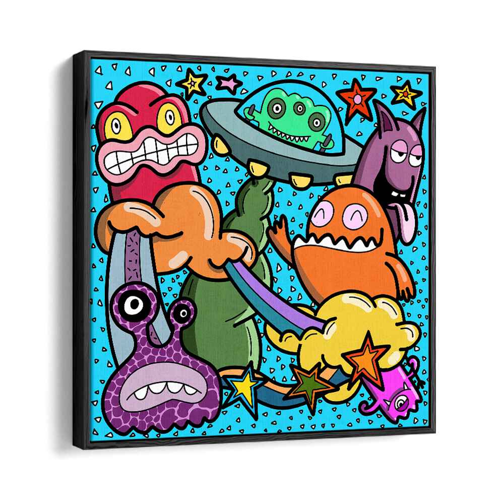 Monsters At Action Comic Art Artwork in Black Floater Frame