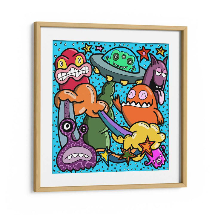 Monsters At Action Comic Art Artwork in Oak Wood Frame With Mount