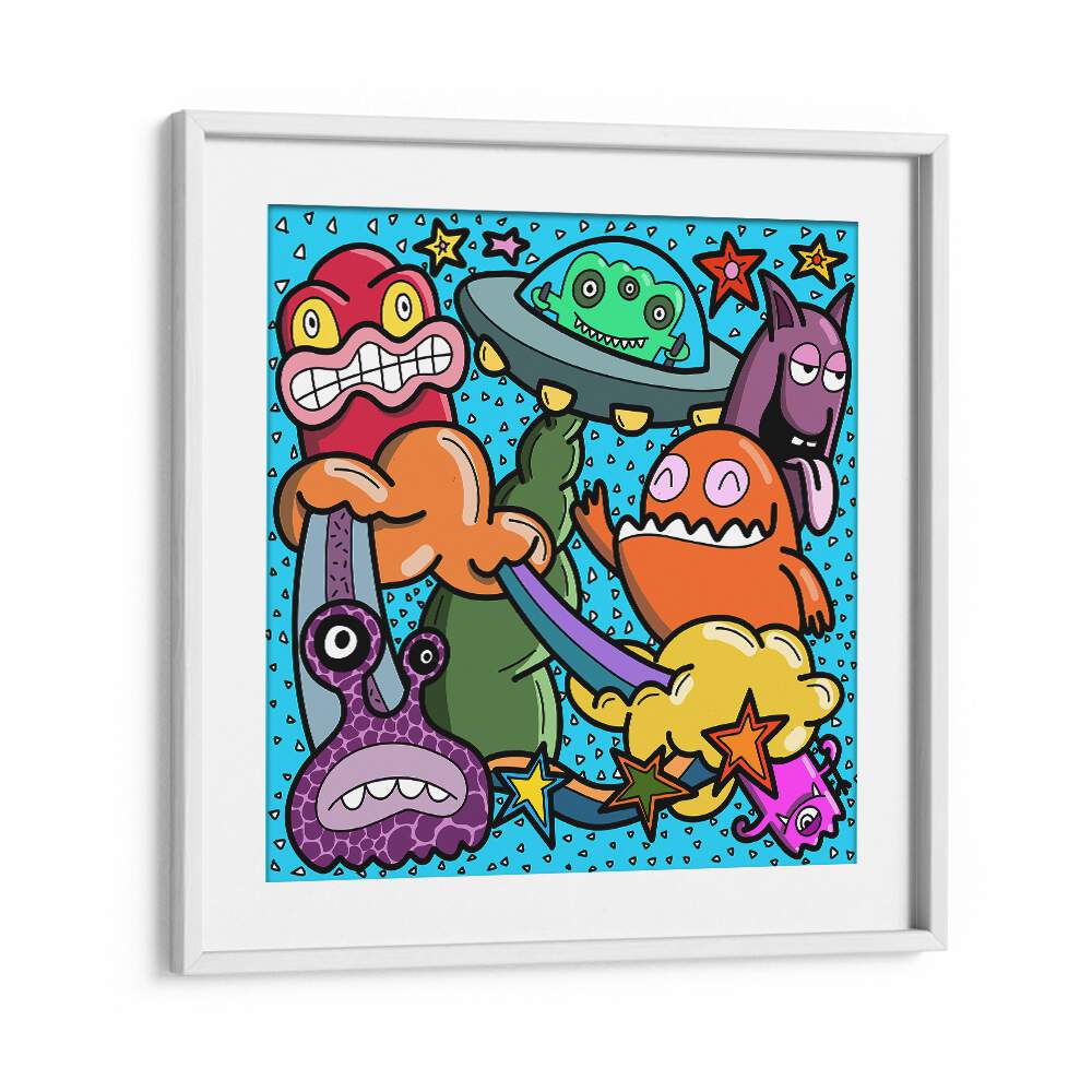 Monsters At Action Comic Art Artwork in White Frame With Mount