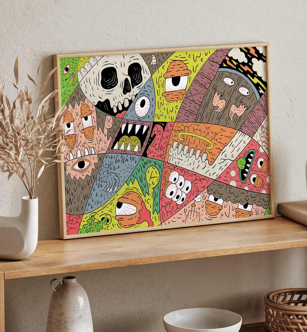 Monstorous Pattern Comic Art Artwork in Oak Wood Plain Frame Placed on a Wooden Shelf leaning on a Cream Colored Wall