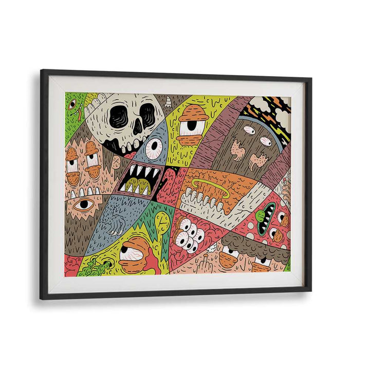 Monstorous Pattern Comic Art Artwork in Black Frame With Mount