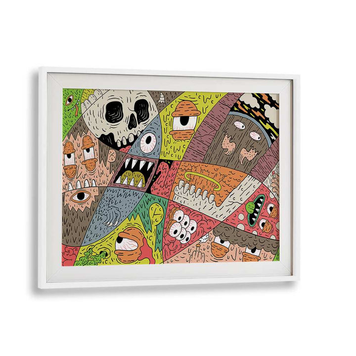 Monstorous Pattern Comic Art Artwork in White Frame With Mount