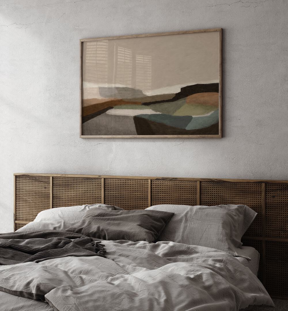 Vibrant MONTEGO Abstract Paintings enhance a stylish bedroom, adding dynamic forms and creativity to your space.