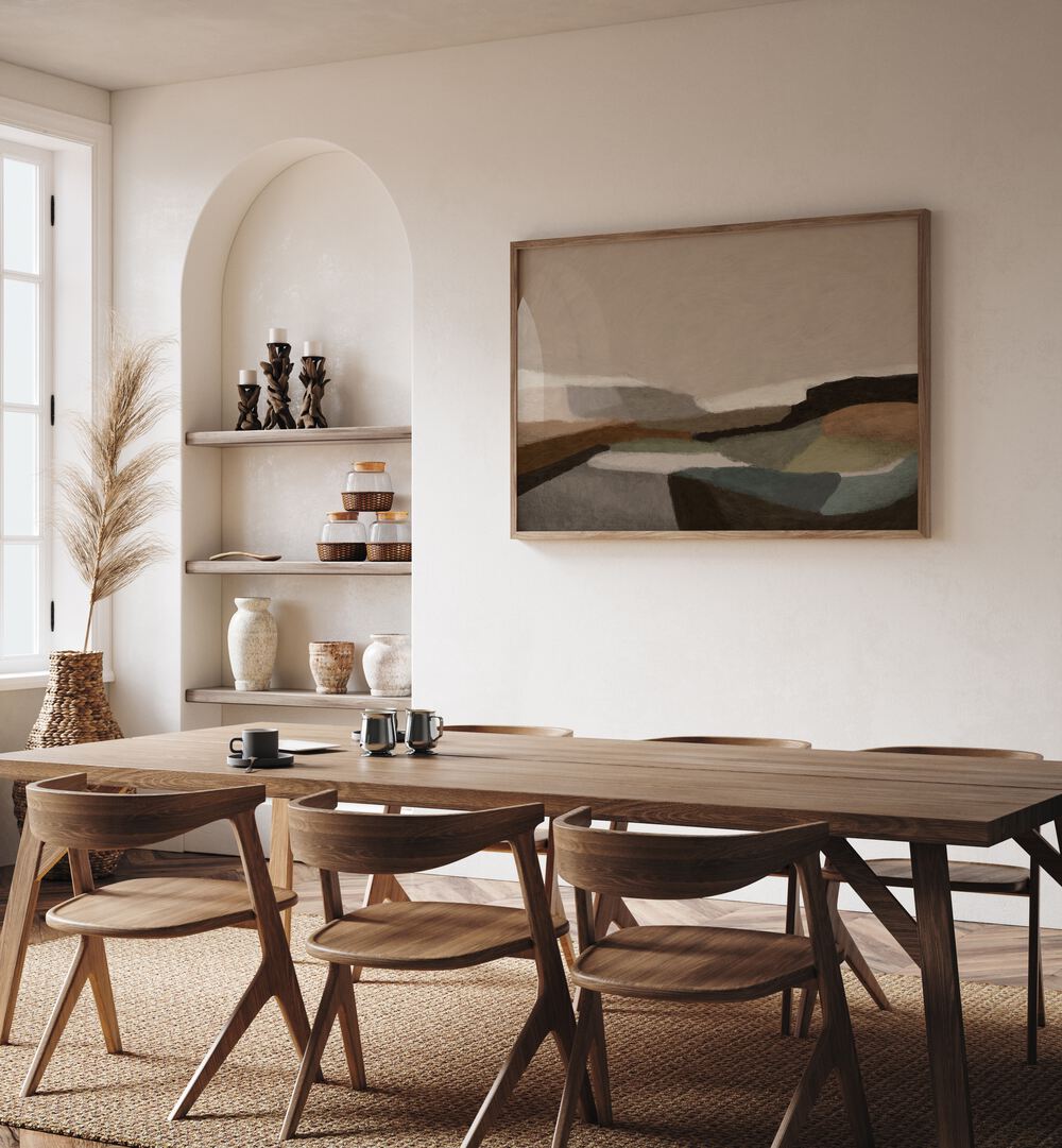 Stylish dining area featuring MONTEGO, ABSTRACT PAINTINGS that enhance the space with vibrant colors and dynamic forms.