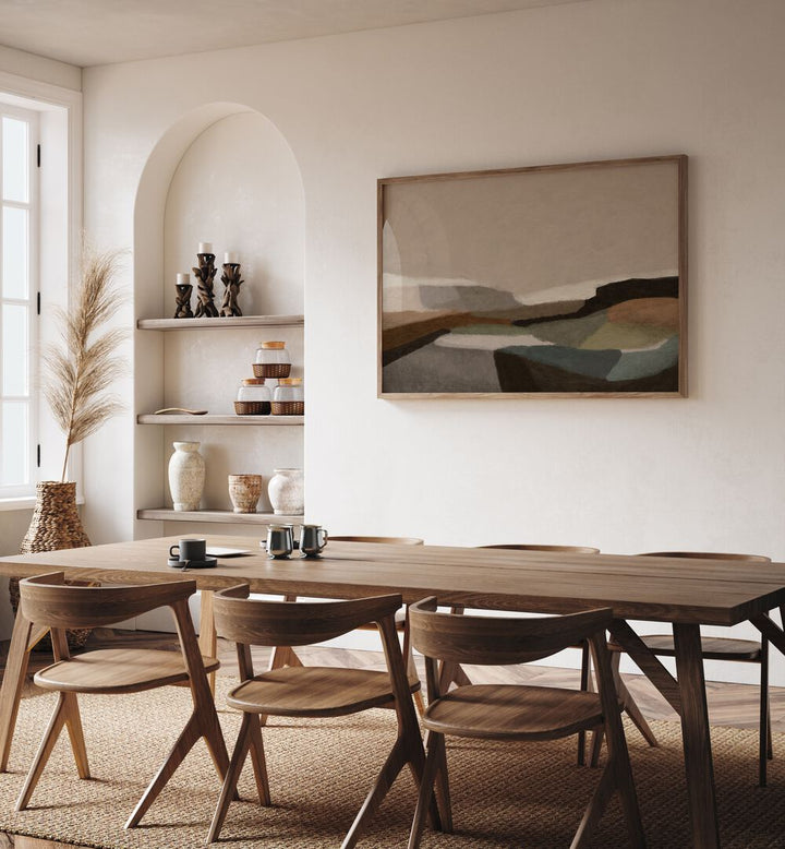 Stylish dining area featuring MONTEGO, ABSTRACT PAINTINGS that enhance the space with vibrant colors and dynamic forms.