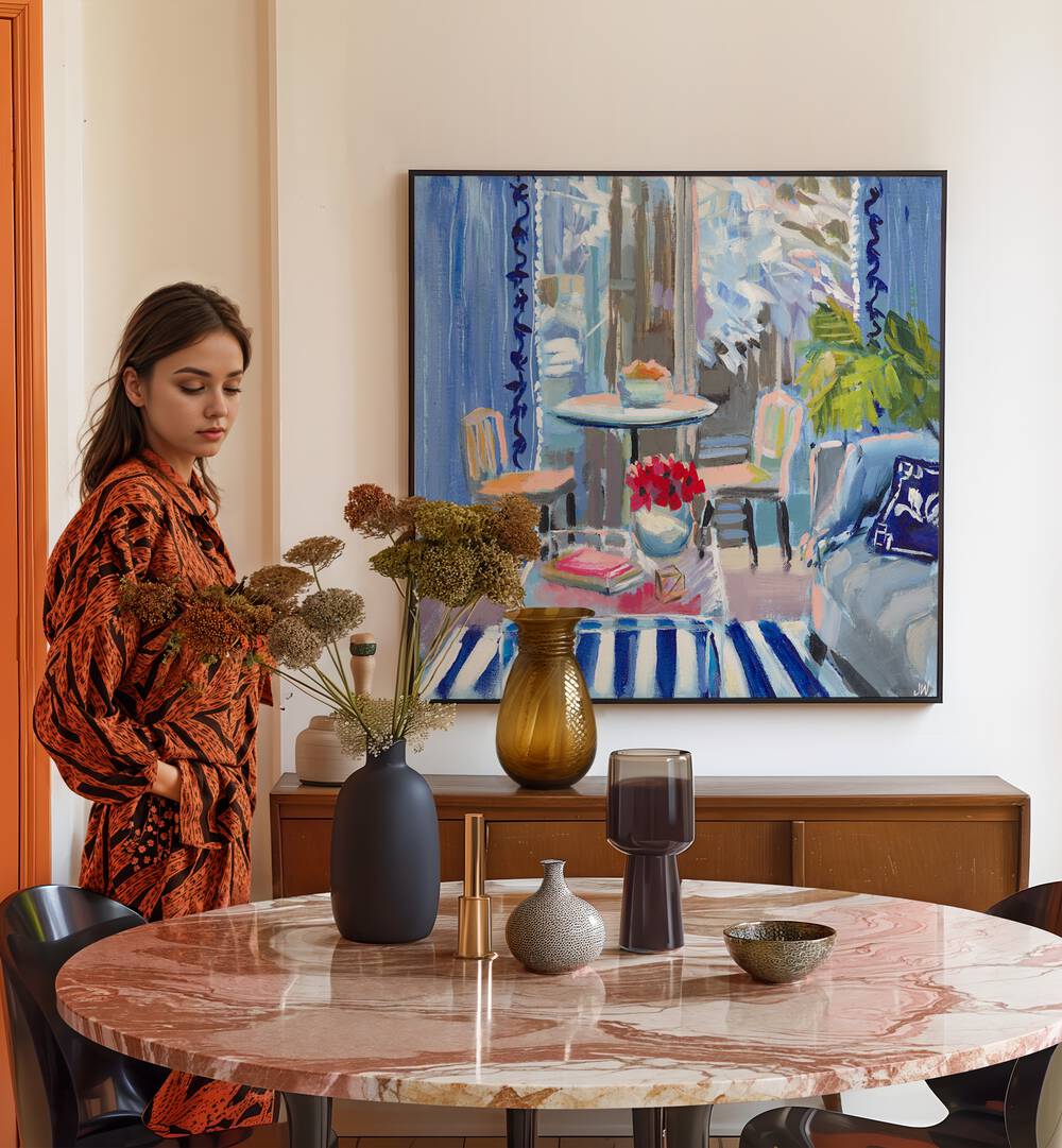 Stylish interior featuring MOODY BLUES, BAR & CAFE ART, enhancing cozy café vibes and modern aesthetics.