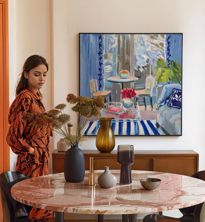 Stylish interior featuring MOODY BLUES, BAR & CAFE ART, enhancing cozy café vibes and modern aesthetics.