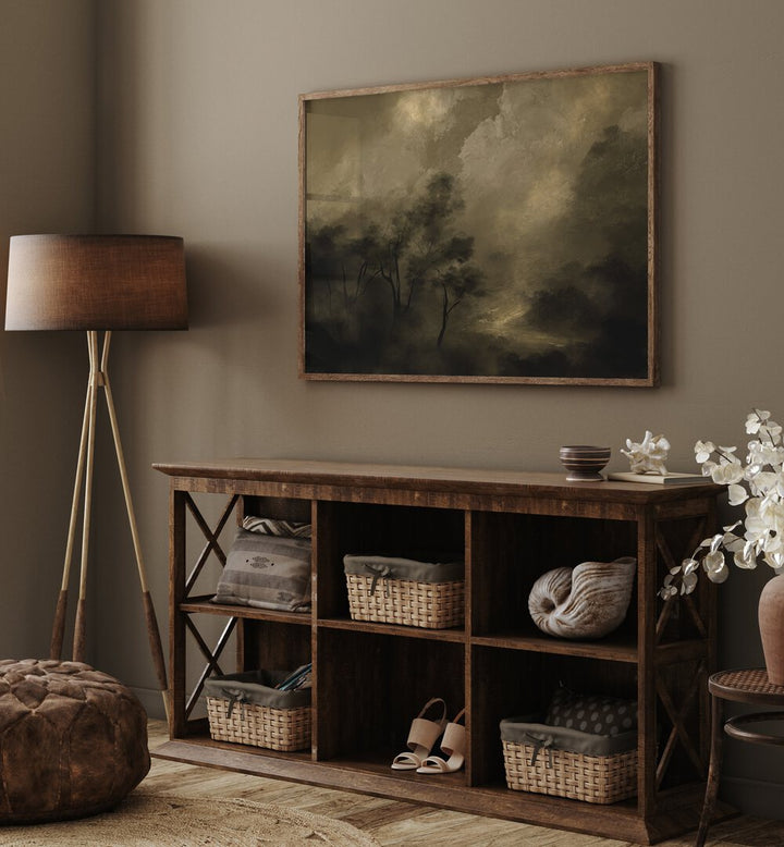 Stylish living room featuring MOODY WOODS, ABSTRACT PAINTINGS, enhancing tranquility and nature-inspired decor.
