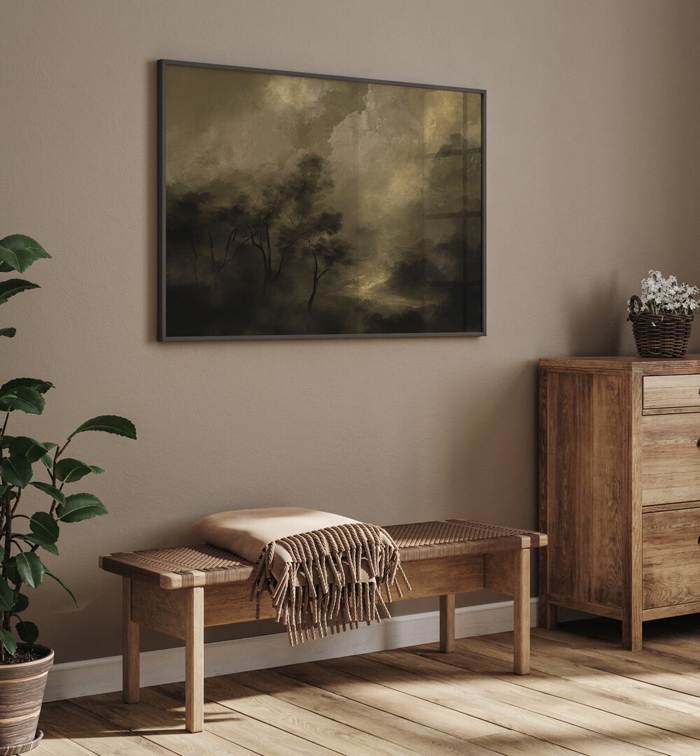 Stylish living room featuring MOODY WOODS, ABSTRACT PAINTINGS, enhancing tranquility and reflection in your space.