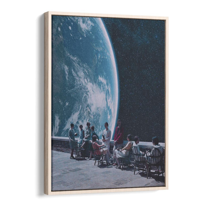 Moon Terrace Lounge Surreal Painting Artwork in Oak Wood Floater Frame
