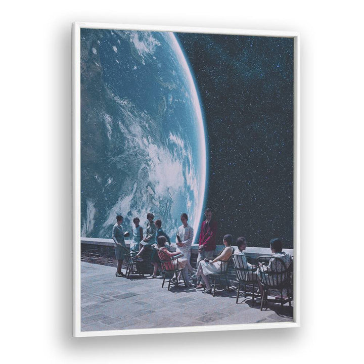 Moon Terrace Lounge  Surreal Painting Artwork in White Plain Frame