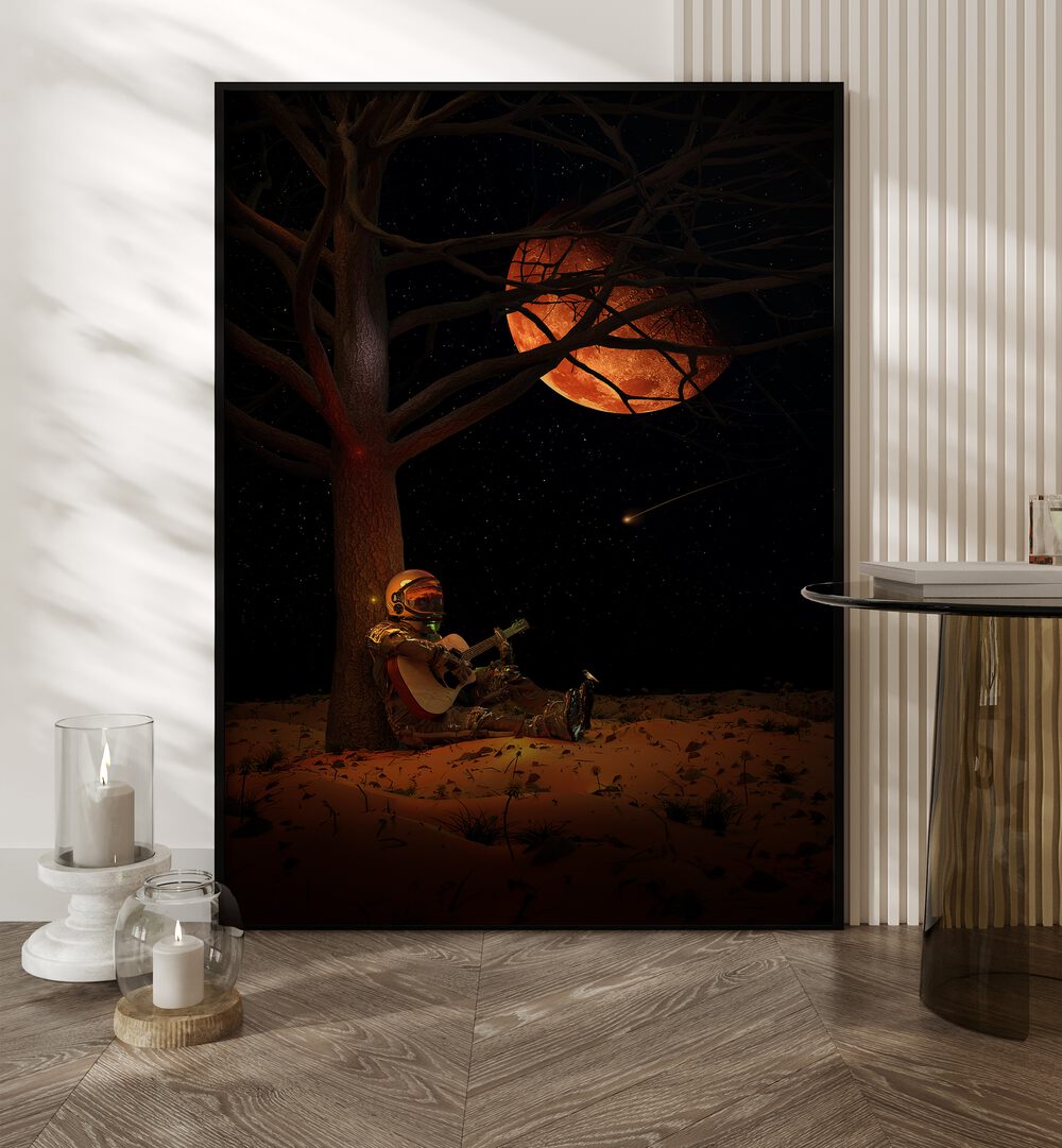 Moonlight Jam By Francis Minoza Astronaut & Nasa Paintings, Space Art Prints Artwork in Oak Wood Plain Frame placed on a Wooden Floor near a in the Drawing Room
