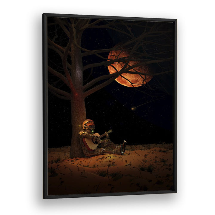 Moonlight Jam By Francis Minoza Astronaut & Nasa Paintings, Space Art Prints Artwork in Black Plain Frame
