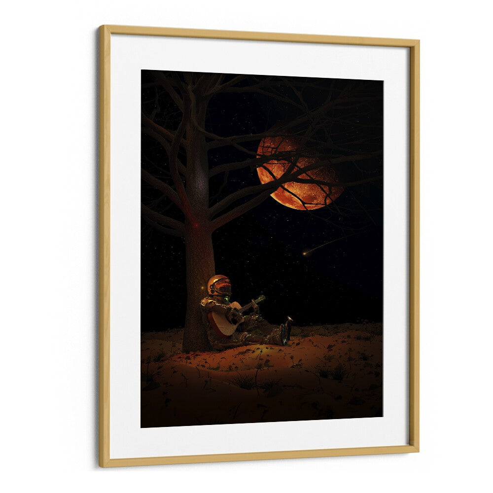 Moonlight Jam By Francis Minoza Astronaut & Nasa Paintings, Space Art Prints Artwork in Oak Wood Frame With Mount
