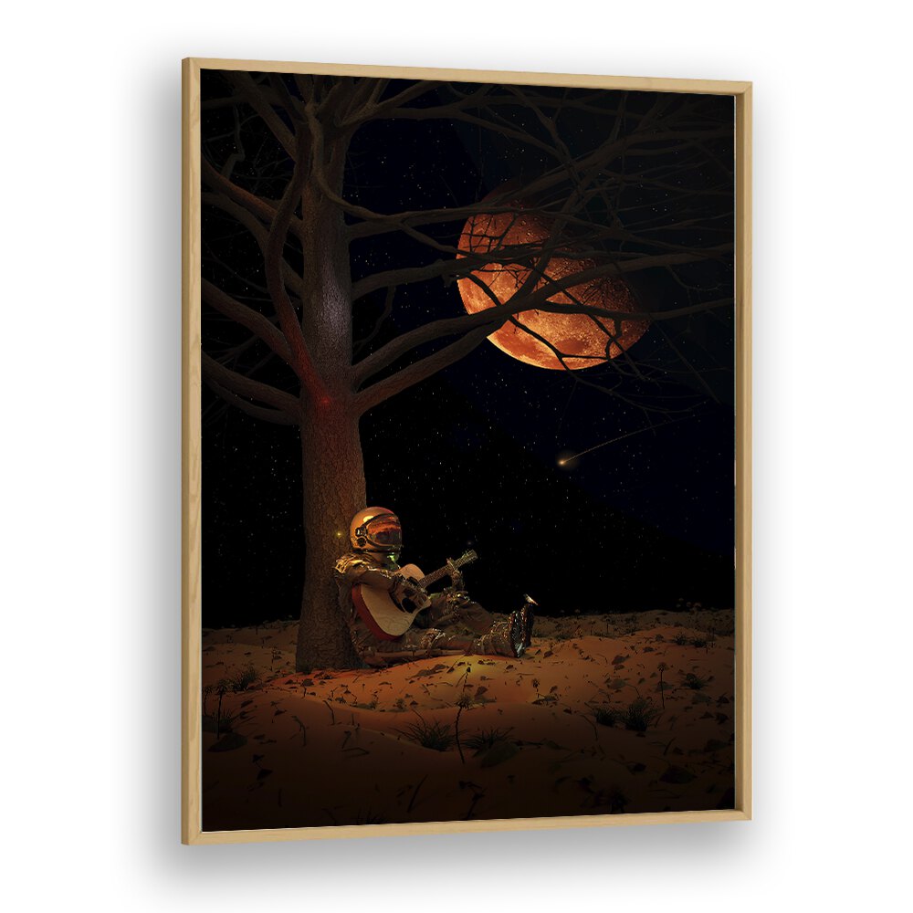 Moonlight Jam By Francis Minoza Astronaut & Nasa Paintings, Space Art Prints Artwork in Oak Wood Plain Frame
