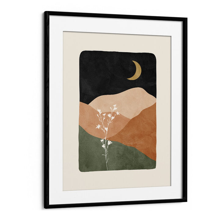 Moonlit Blossoms boho wall art painting Artwork in Black Frame With Mount