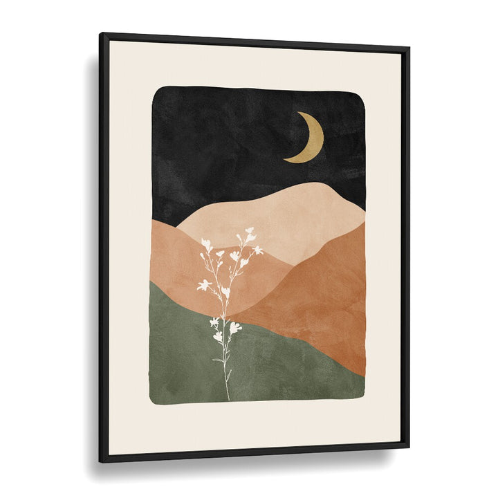 Moonlit Blossoms boho wall art painting Artwork in Black Plain Frame