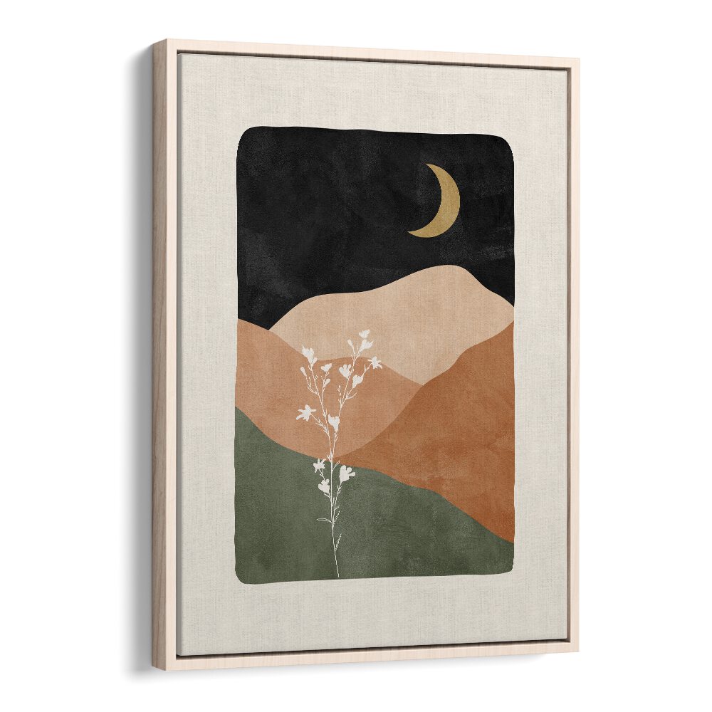 Moonlit Blossoms boho wall art painting Artwork in Oak Wood Floater Frame