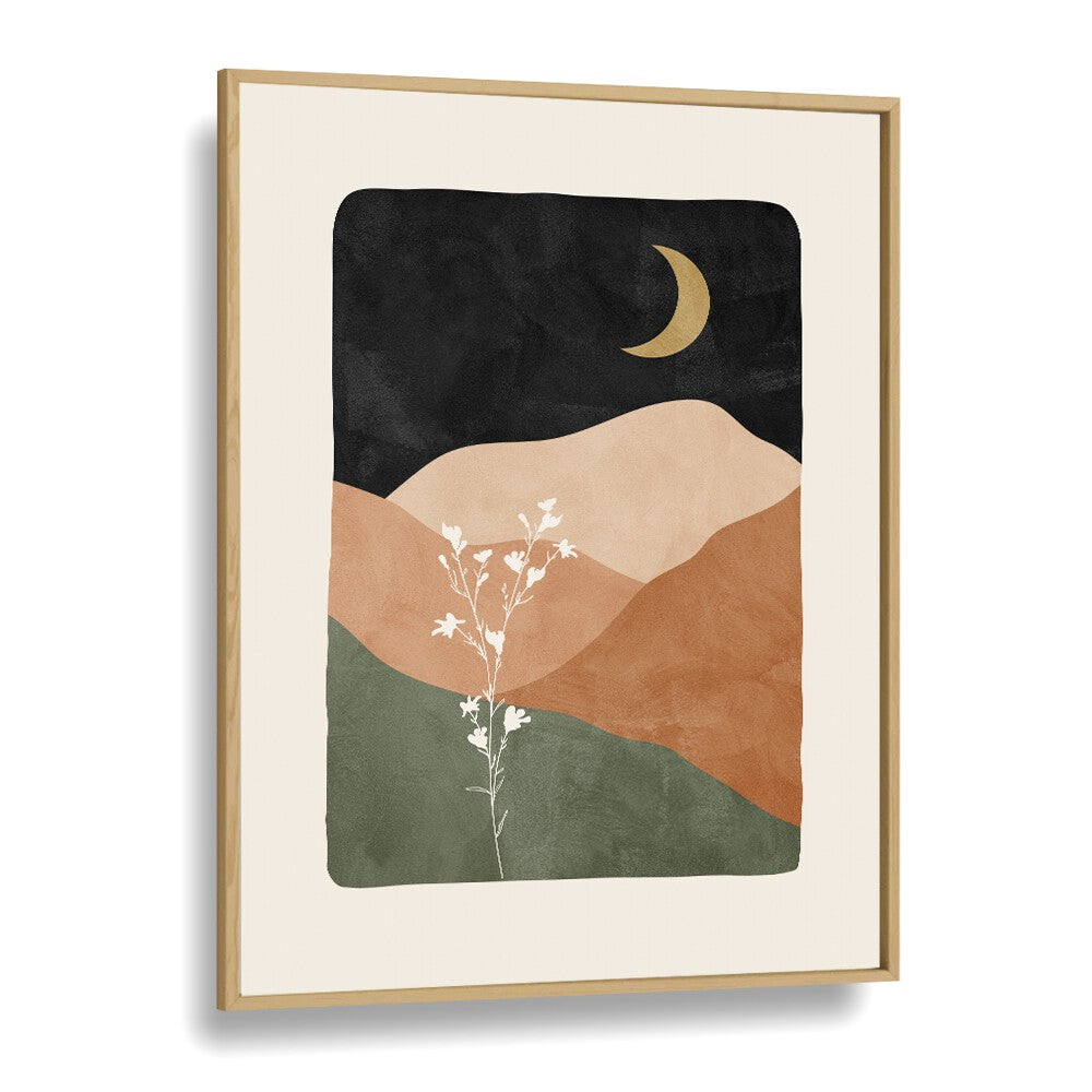 Moonlit Blossoms boho wall art painting Artwork in Oak Wood Plain Frame