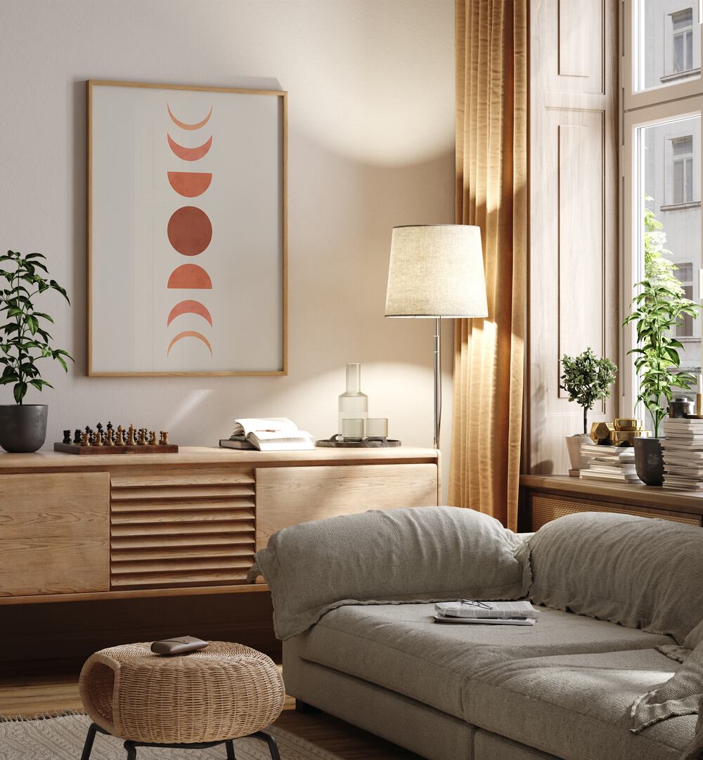 Stylish living room featuring MOON PHASES, BOHO ART PAINTINGS, perfect for lunar cycle enthusiasts.