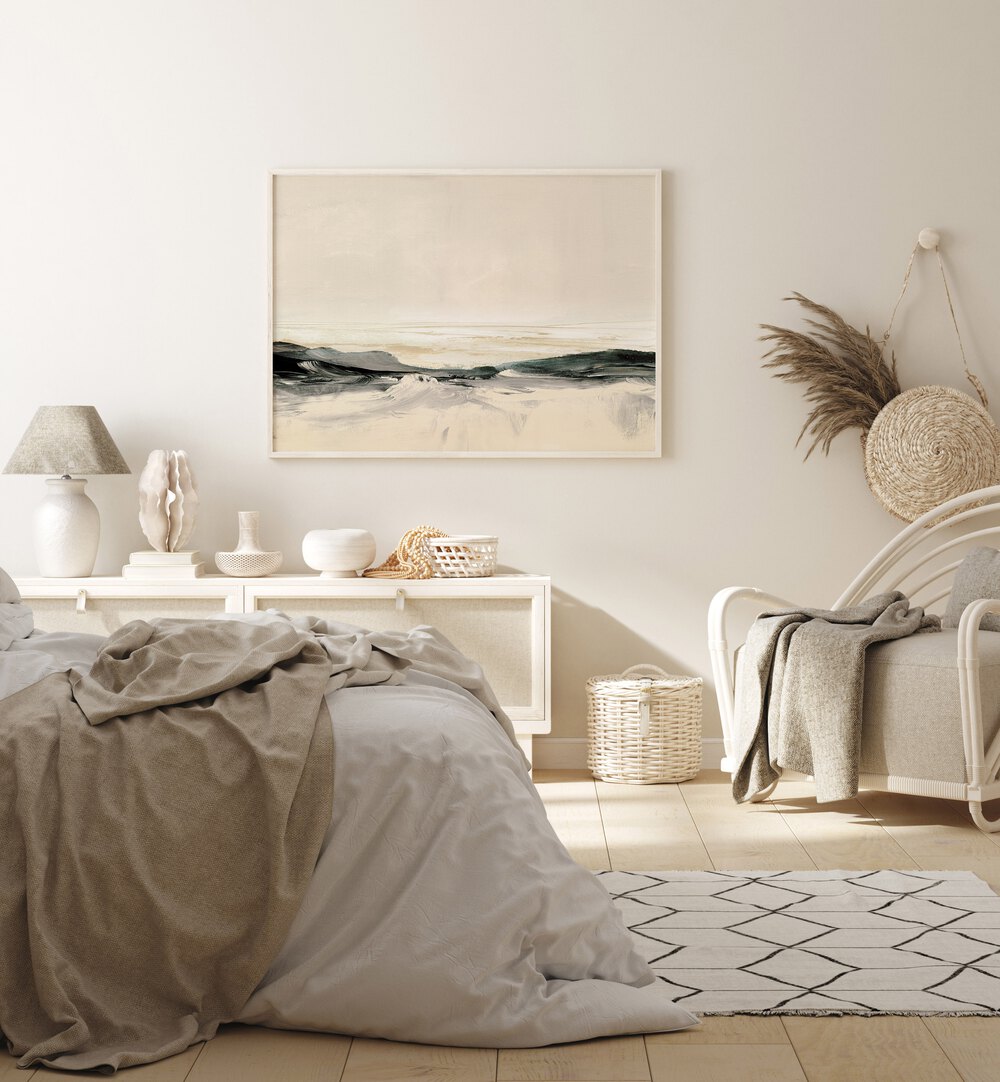 Stylish living room featuring MORNING BREEZE II, ABSTRACT PAINTINGS, enhancing tranquility and fresh perspectives.