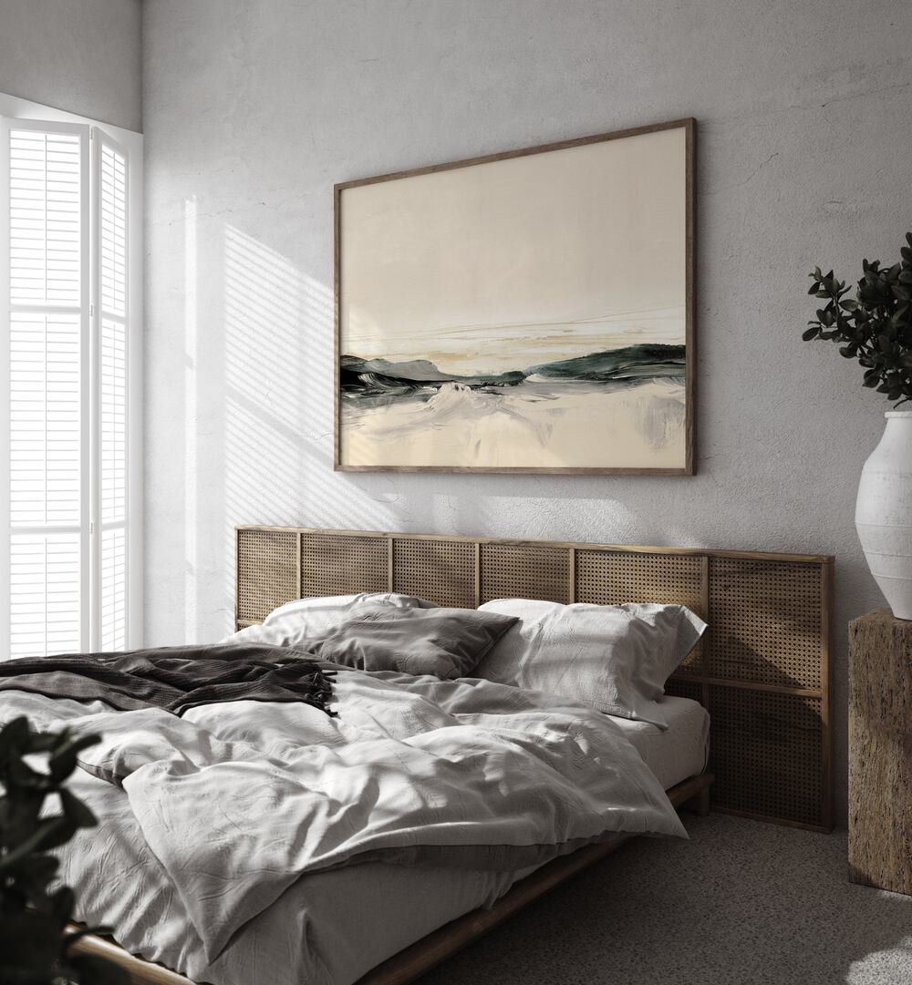 Serene bedroom featuring MORNING BREEZE II, ABSTRACT PAINTINGS, enhancing the tranquil atmosphere of the space.