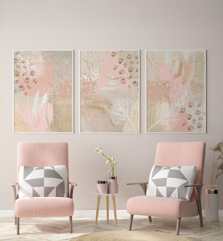 Enhance your decor with the MORNING PINK SET, SET OF 3 PAINTINGS, showcasing elegant hues of dawn's serenity.